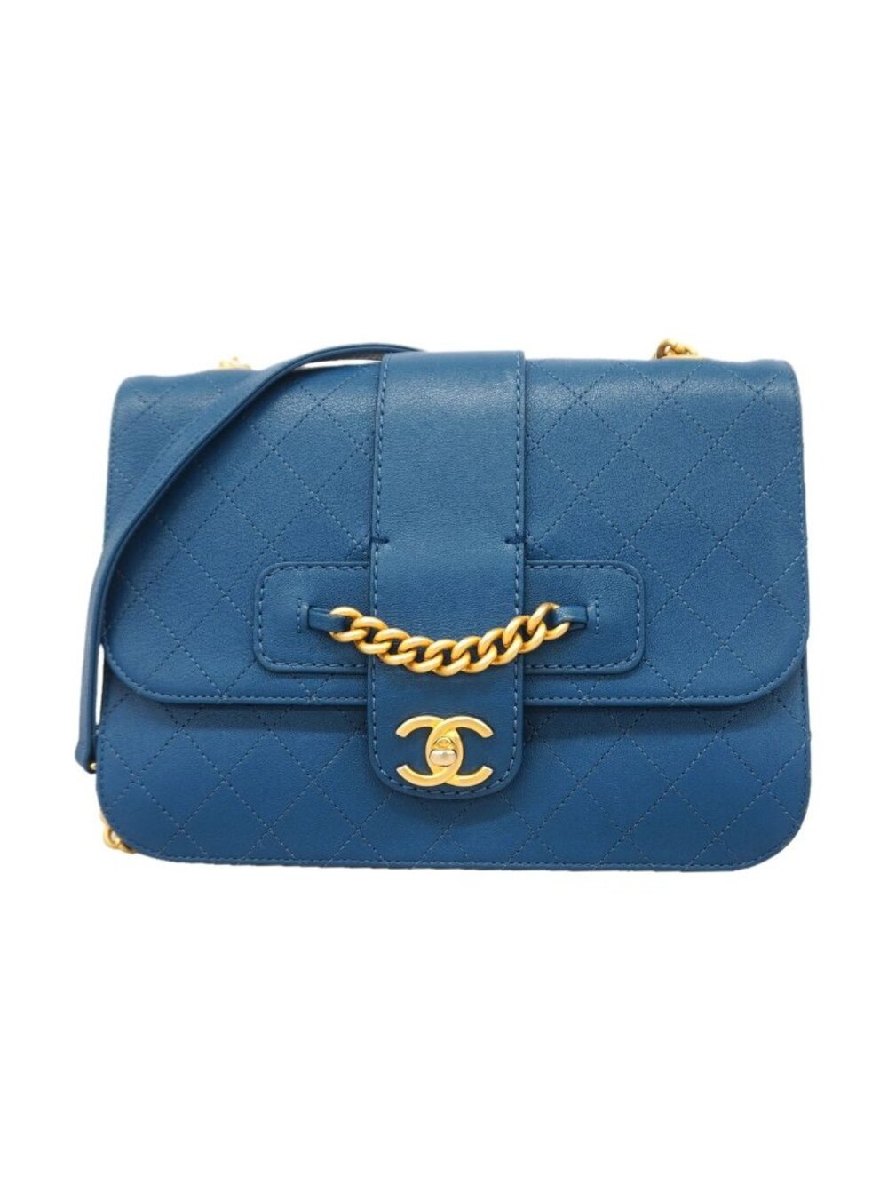 Chanel Shoulder Bag Quilted Leather Blue Gold